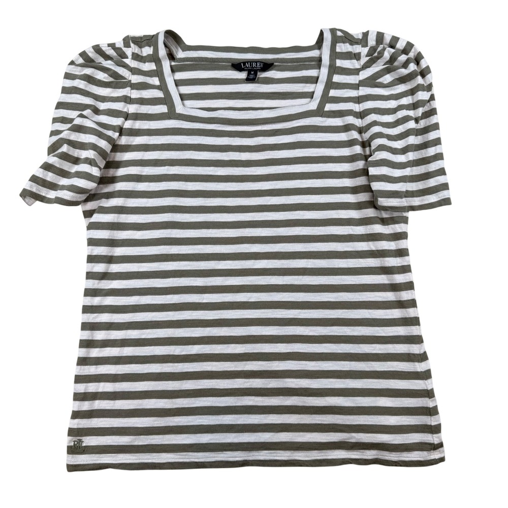 Lauren Ralph Lauren Womens Striped Square Neck Puff Sleeve Top Olive Green M